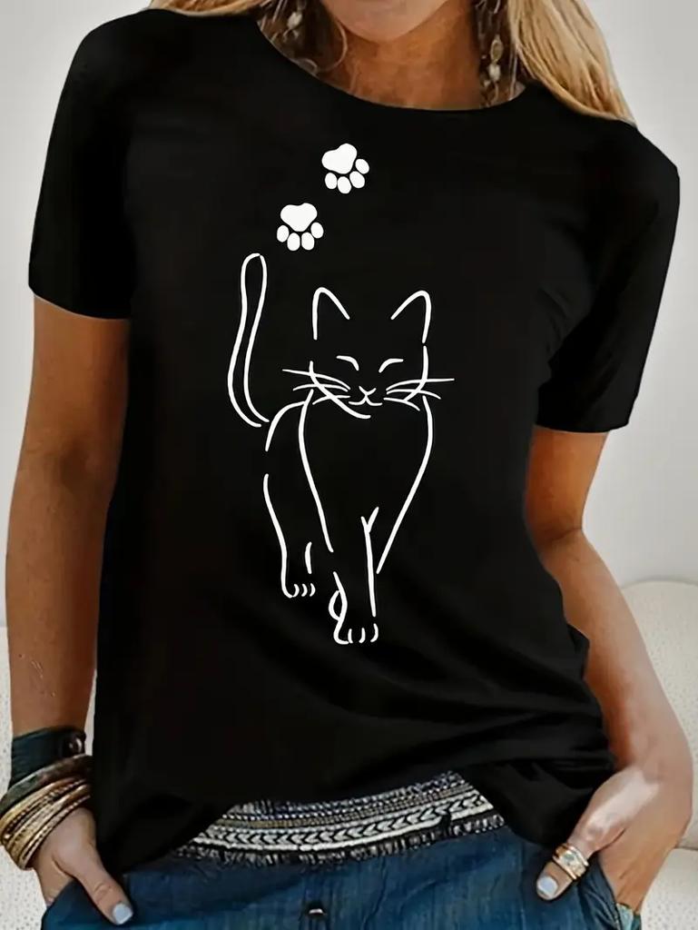O Neck Top Whimsical Cat Print T Shirt Cat Women Kawaii T-shirt Girl Casual Short Sleeve Summer Female Animal Clothing Tshirt