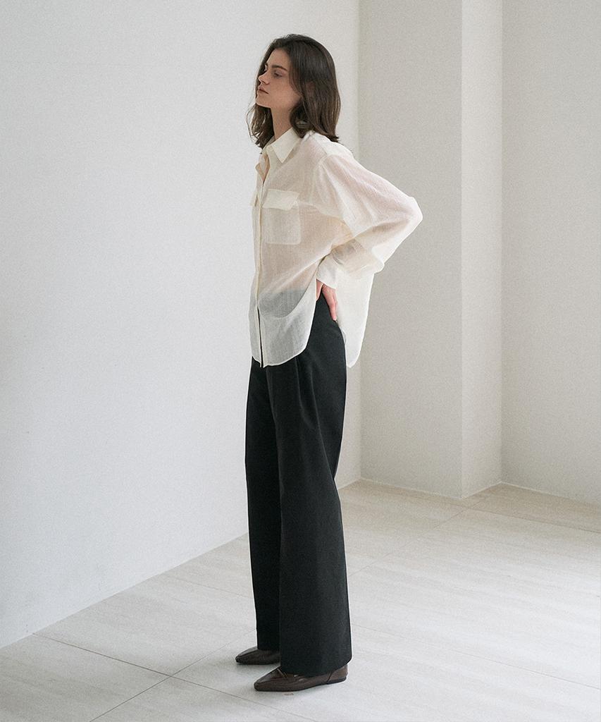 VIYUL Sheer Slub Loose Fit Collared Shirt Blouse_Ivory