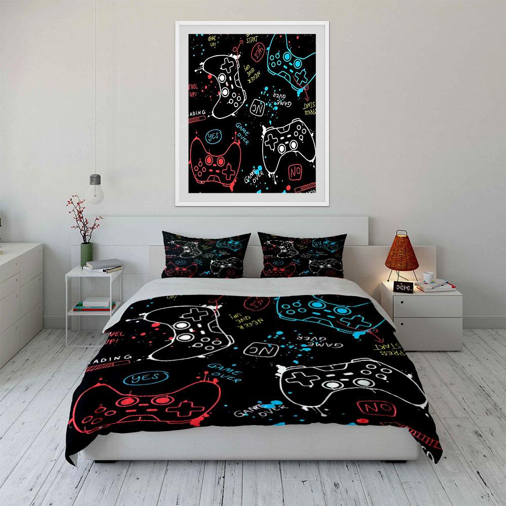 Gaming Controller Pattern Design Bedding Duvet Cover Set (1*Duvet Cover 2*Pillowcases, Without Duvet Insert)