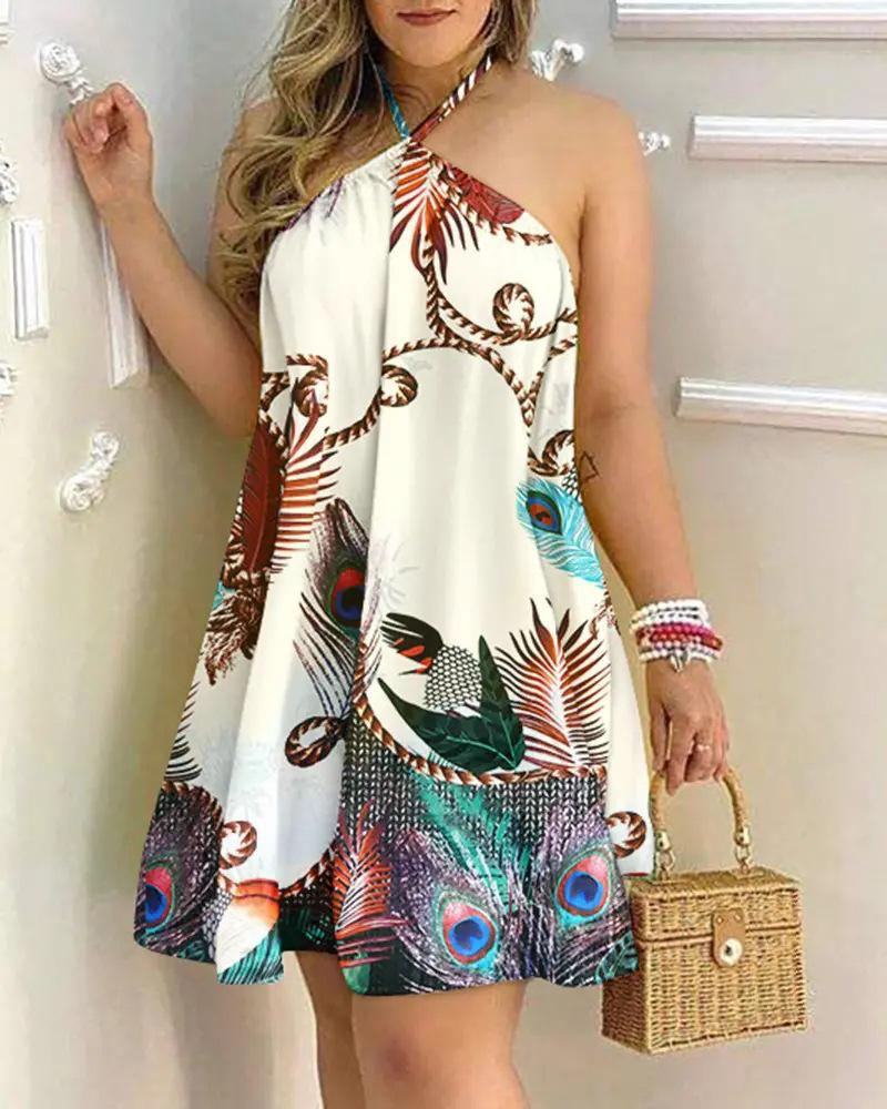 New Summer Printed Off-Shoulder Lace-Up Loose Women's Dress