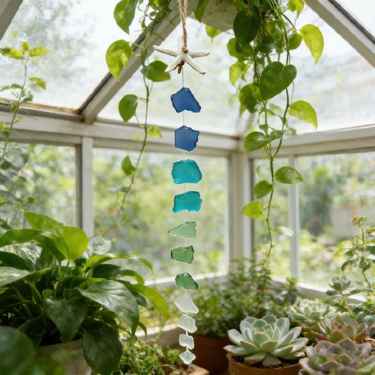 Strand Küsten Thema Mehrfarbige Meerglas Windspiele Hängendes Ornament Mit Harz Seesternen Für Außen Garten Dekorationen