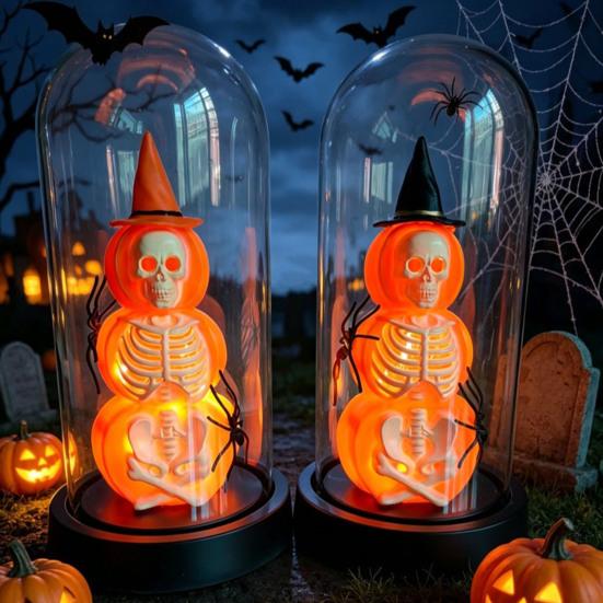 Yousheng Halloween Decoration, Lighted Skeleton in Clear Dome Cloche with Warm Glow, Battery Operated Skull Lamp with Witch Hat for Tabletop Mantel