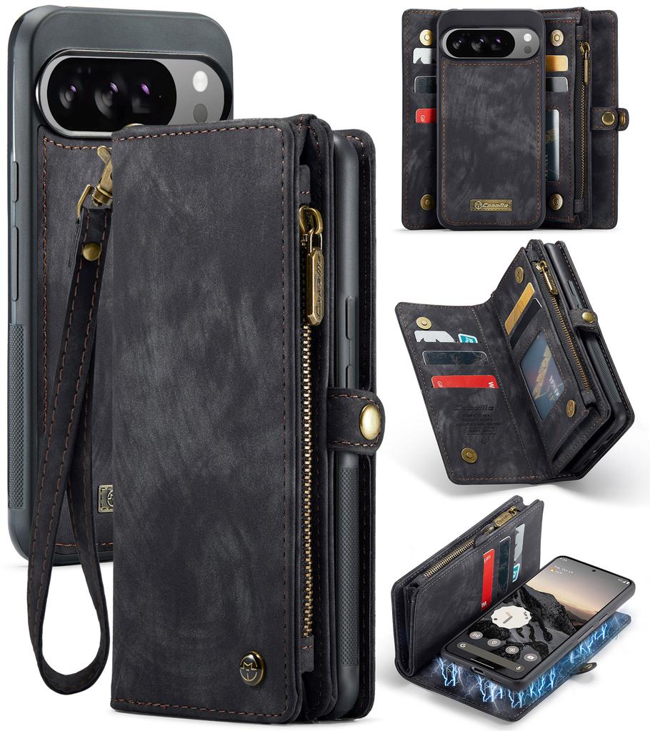 Detachable Magnetic Leather Phone Case for Google Pixel 10 Pro XL Pixel9 9A Wireless Charging Card Slot Wallet Hand Strap Cover