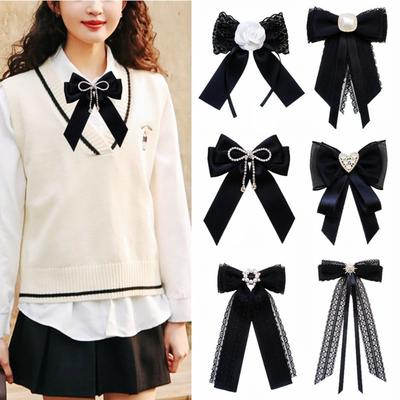 Elegant Lace Ribbon Bowtie Black Collar Rhinestones Jewelry New Fabric Bow Brooches  Women Girl