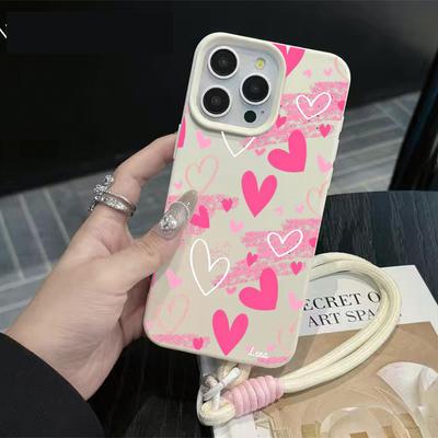 Pink Hand-Draw Heart Protective Phone Case For iPhone 17 16 16e 15 14 13 12 Pro Max 11 Plus Shockproof Lichee Pattern Funda