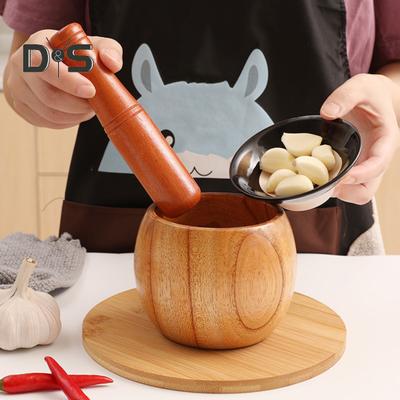 1 Set Garlic Mortar Eco-friendly High Durability Wood Manual Garlic Press Crusher Mortar Set