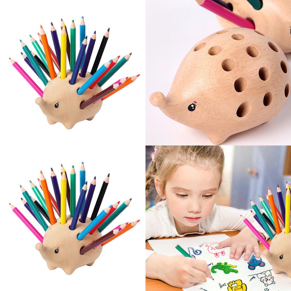 Wooden Hedgehog Stationery Organizer With 24 Pencils For Student Desk And Creative Decor