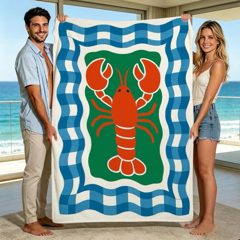 Lobster Graphic Flannel Blanket For Coastal Bedroom Decor Soft Warm Throw Blanket Gift