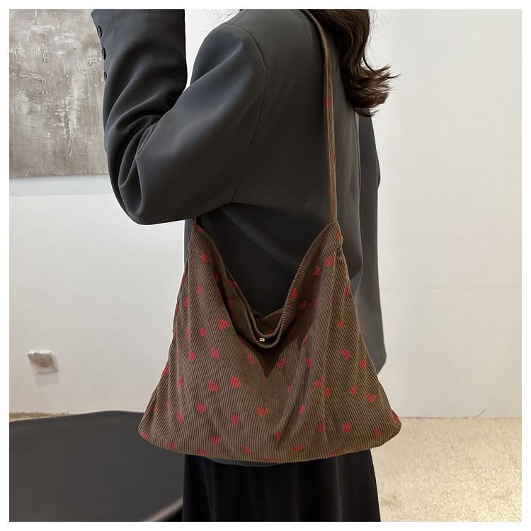 Corduroy Strawberry Print Tote Bag With Magnetic Closure For Daily Use