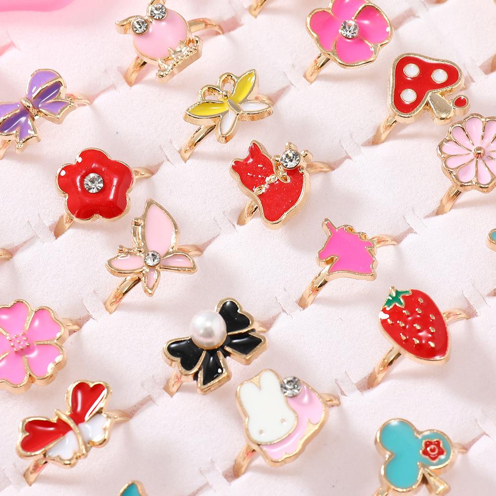6/12/36pcs Cute Adjustable Rings for Pretend Play Makeup Toys for Girls Cartoon Crystal Jewelry Alloy Rings Gifts for Girls