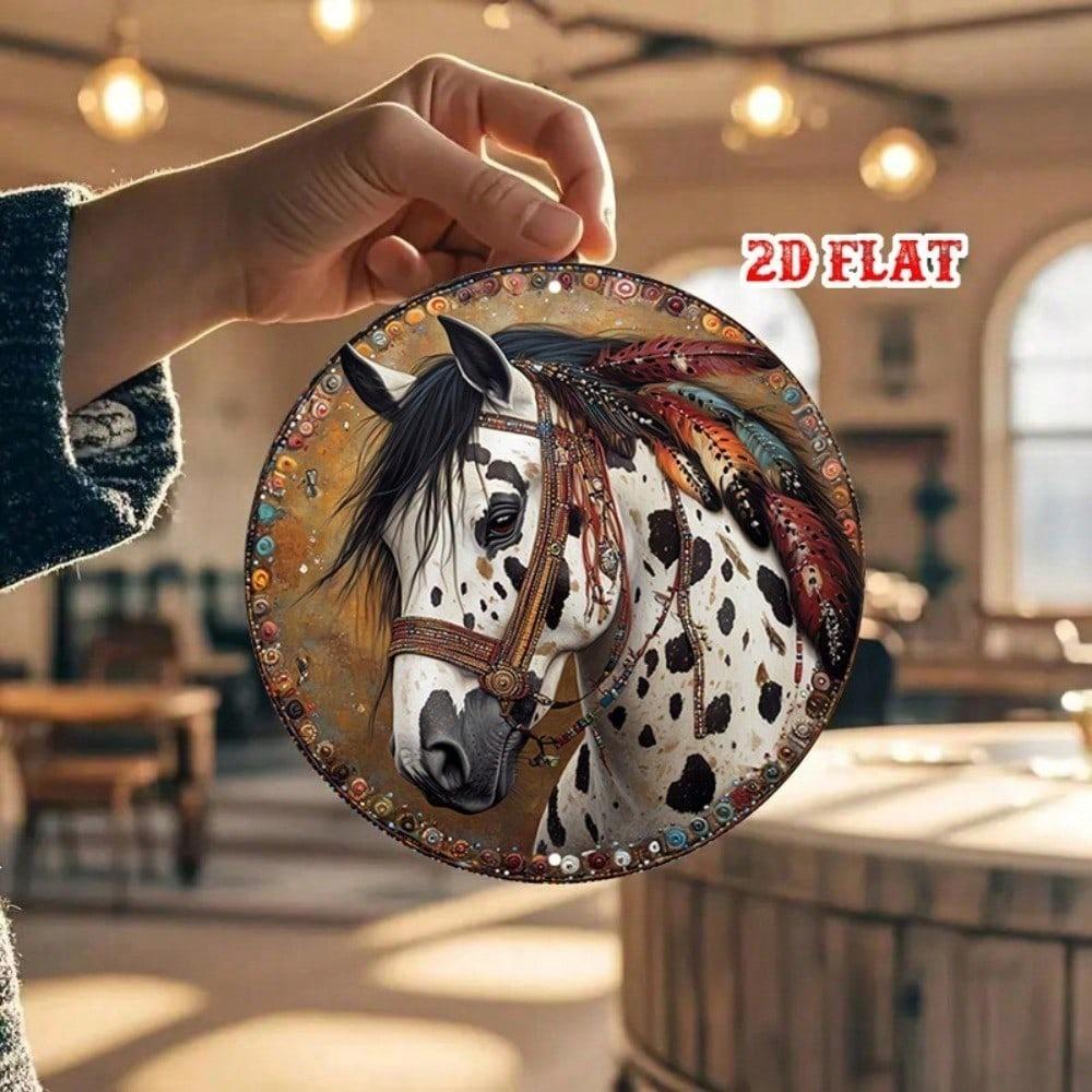1pc Round Metal Wall Decor Beaded Appaloosa Horse Retro Western Tin Sign 7.8x7.8 Inch for Home Bar