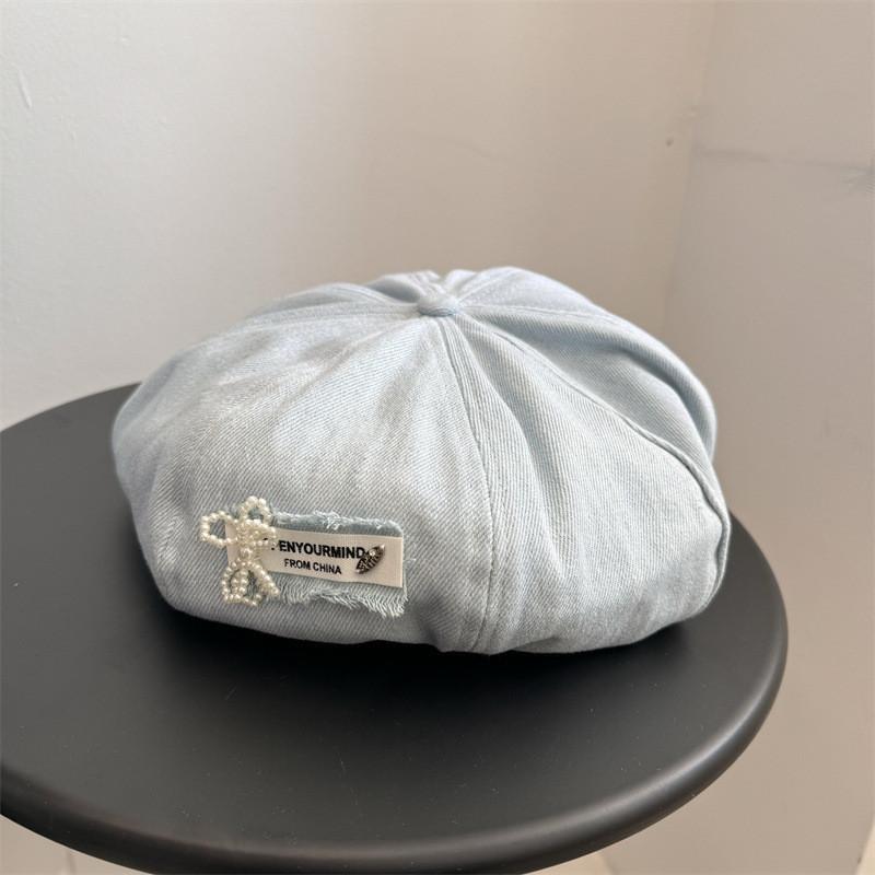 Ins Style Denim Beret Hat With Pearl Embellishments Cute And Stylish Headwear For Women