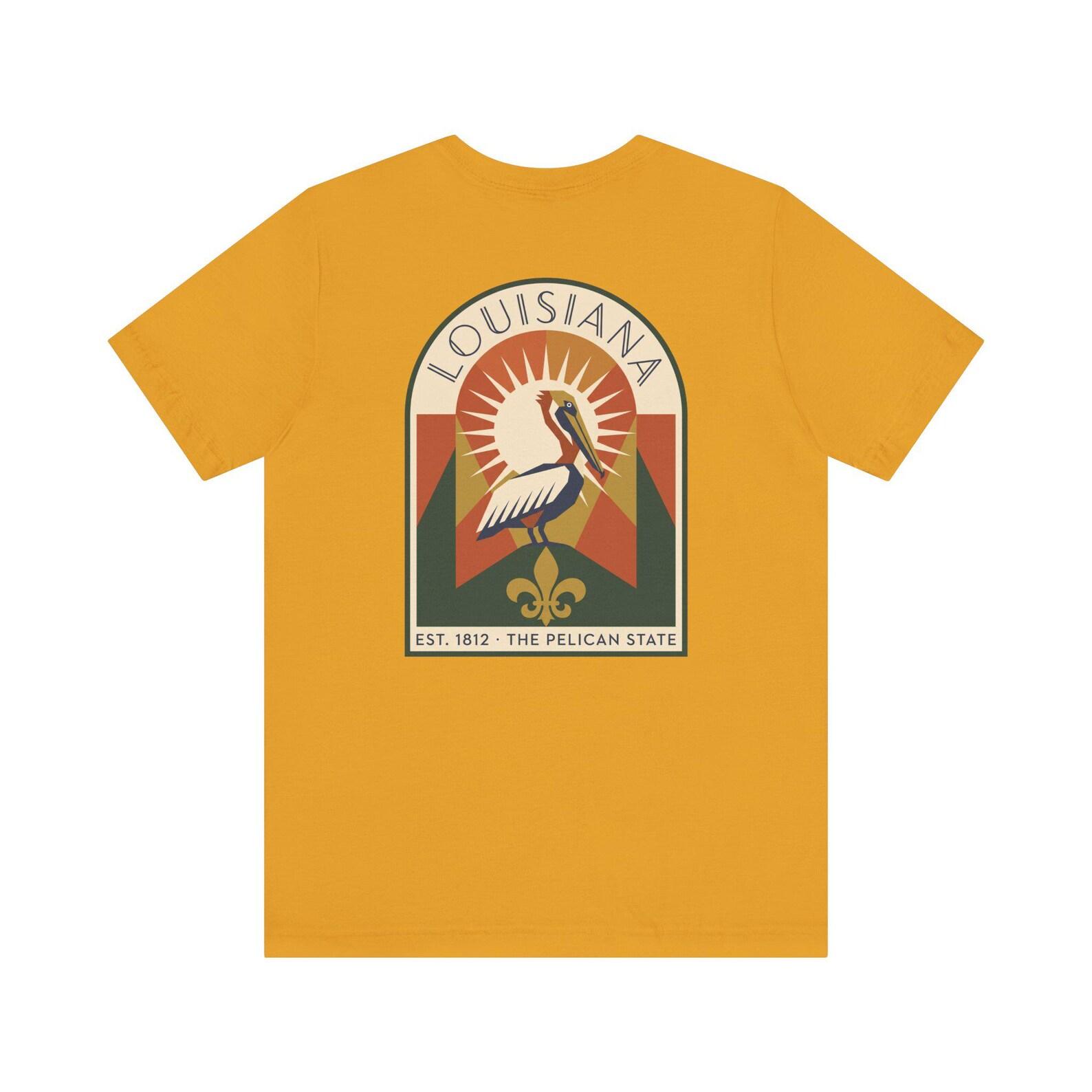 Louisiana Pelican Art Deco T-Shirt | Retro Bayou State Coastal Graphic Tee | Louisiana Pride Gift L