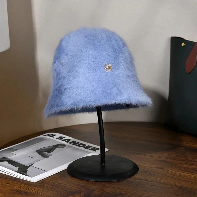 Fashion Designer Letter M Rabbit Fur Bucket Hat Women's Winter Korean Casual Versatile Fluffy Bucket Hat White Warm Basin Hat