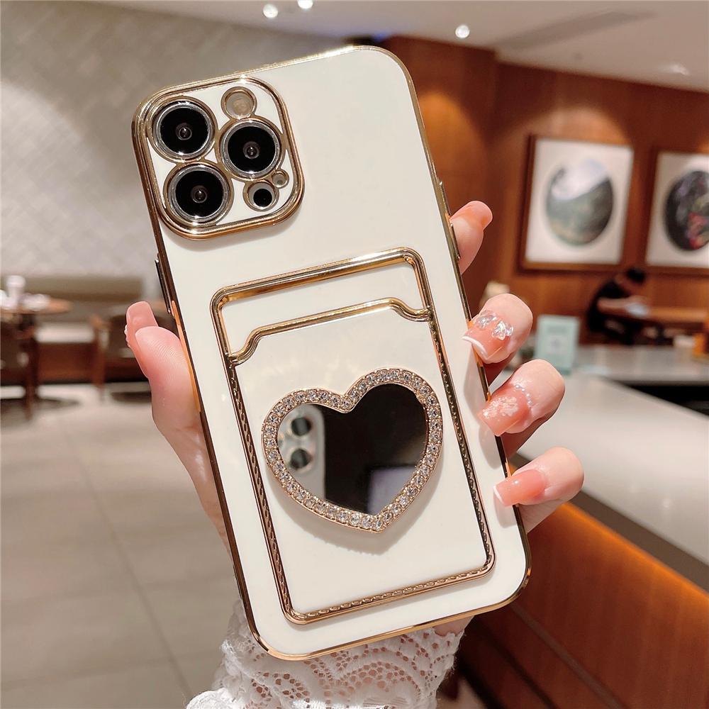 Glitter Rhinestone Love Heart Mirror Plating Wallet Card Case For iPhone 16 15 14 13 11 12 Pro Max XS X 7 8 Plus Soft Slot Cover