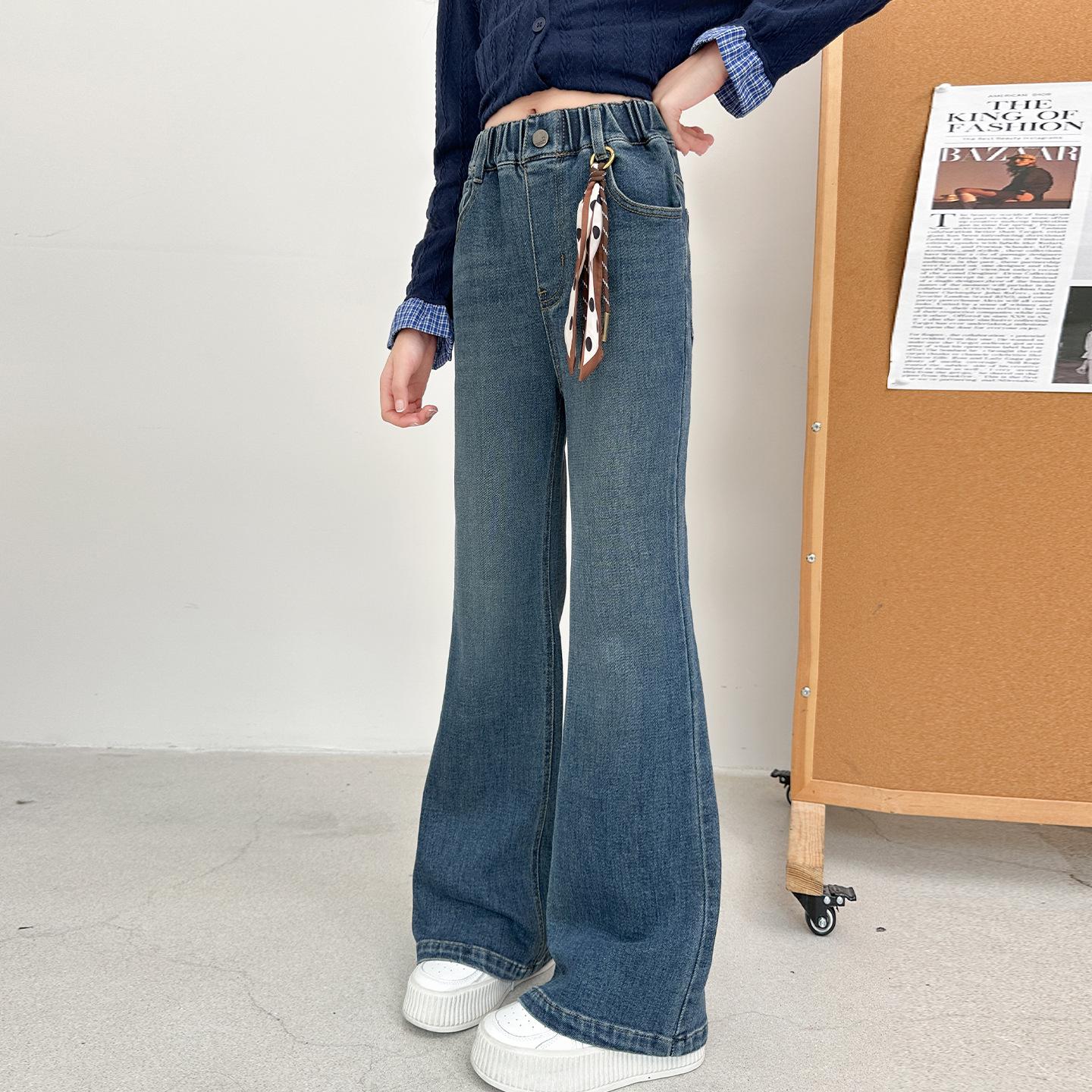 

Girls Winter Fleece-Lined Wide-Leg Jeans: Fashionable, Washed Denim, Versatile, Medium to Large Sizes 150 cm