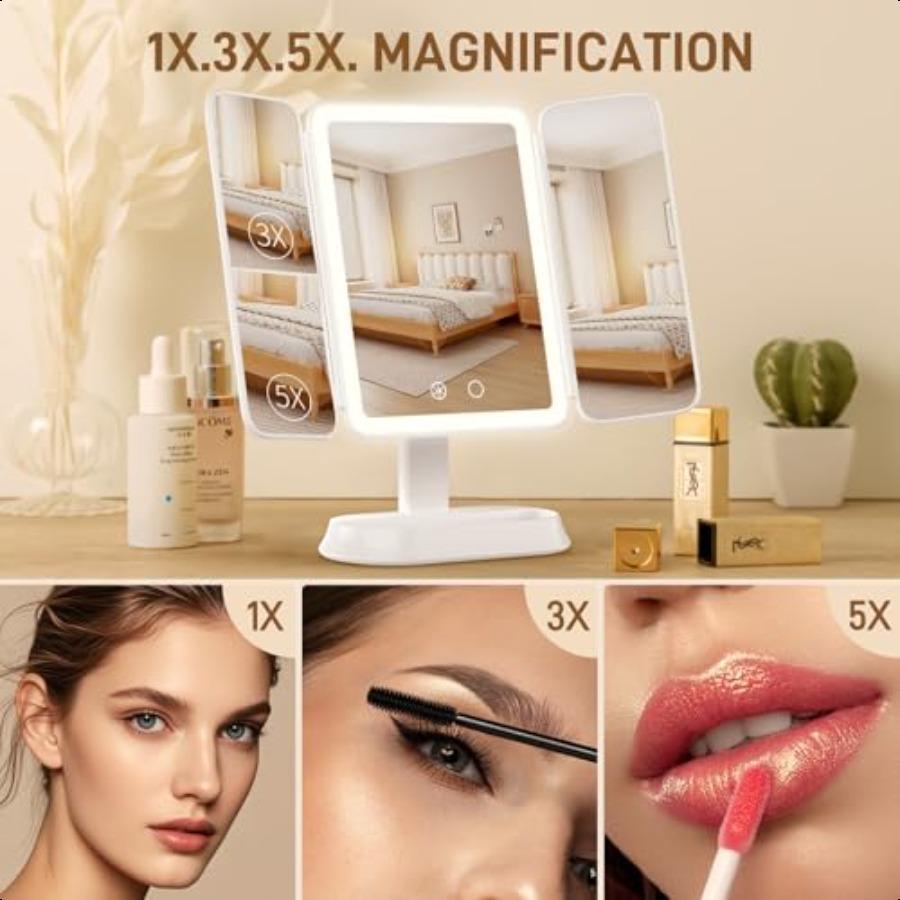 Vanity Mirror with Lights Rechargeable Lighted Makeup Mirror with 1X 3X 5X Magnification Smart Touch 3 Colors Dimmable Portable