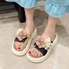 Flower Pearl Fairy Wind Slippers Girl 2025 Summer New Outer Wear with Skirt Sandals Thick Bottom Beach One-word Drag Tide