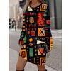 3D Retro Geometric Pattern Printed Dress, Autumn Long Sleeved Round Neck Casual Mini Dress