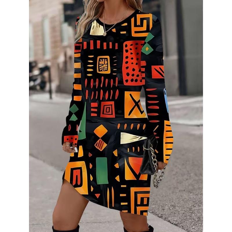 3D Retro Geometric Pattern Printed Dress, Autumn Long Sleeved Round Neck Casual Mini Dress