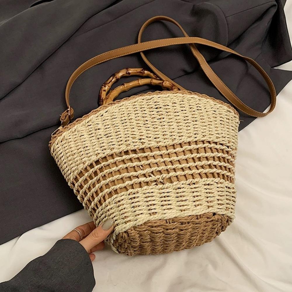 Large Capacity Weave Straw Bag Casual Woman Handbag Ins Bucket Shoulder Bag  Holiday