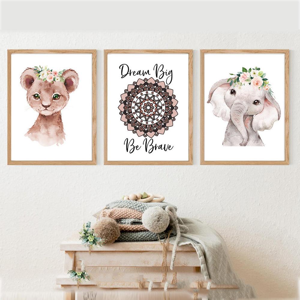 Lion Elephant Print Floral Boho Nursery Wall Art Dream Big Be Brave Canvas Painting Posters Cute Animal Kids Girls Bedroom Decor