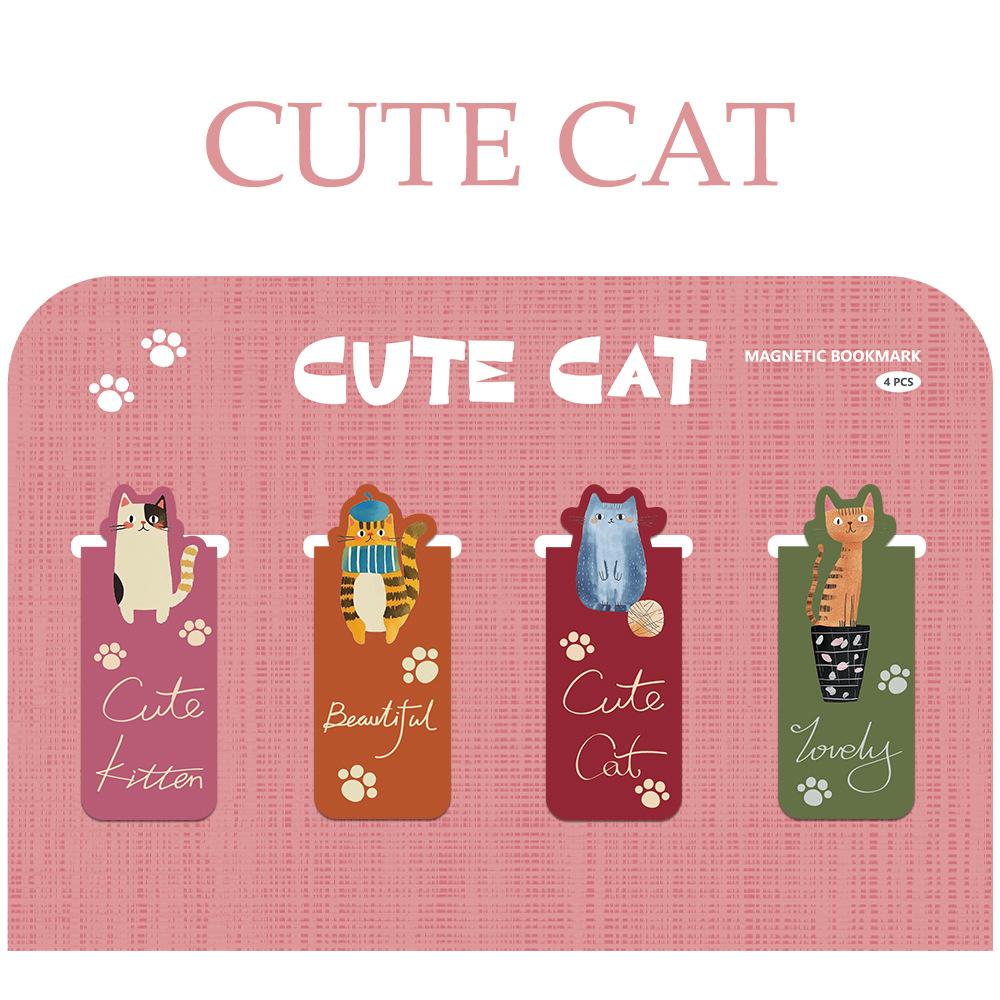 4pcs Cat World Magnetic Bookmarks Set, Cute Cat Cartoon Design Page Clips Book Marker, Unique Reading Gift Stationery