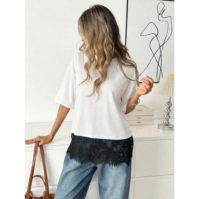Women Crew Neck Loose Short Sleeve Lace Hem Splicing Casual Oversized T Shirt