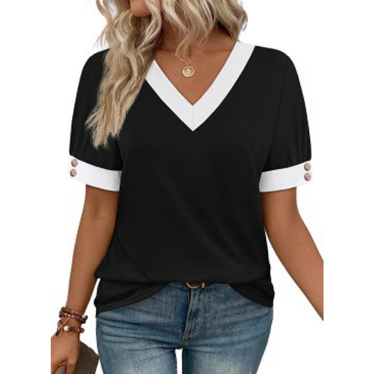 

Summer Women s V-Neck Color Block Short Sleeve Button Pullover Top Casual Versatile for Europe America Crossborder S чёрный