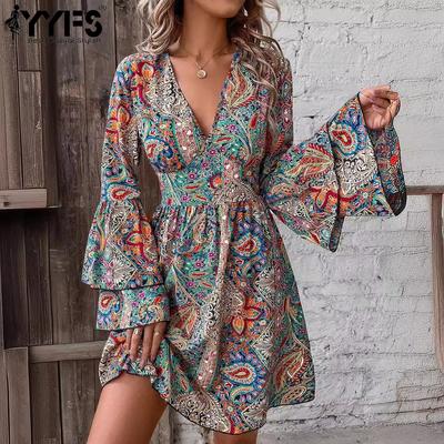 Moda donna primavera autunno manica lunga scollo a V vita alta abiti casual