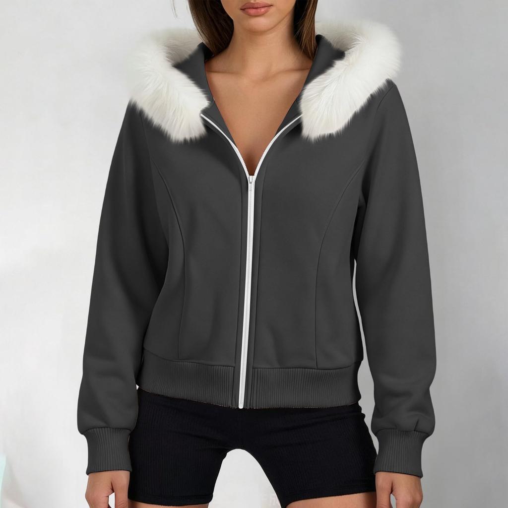 Women's Color Long Sleeve Hooded Zip Up Jacket with Pockets and Faux Collar