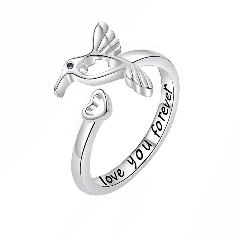 New Personalized Hummingbird Heart Open Ring For Women Versatile Love Letter Adjustable Finger Ring Fashion Jewelry Accessory
