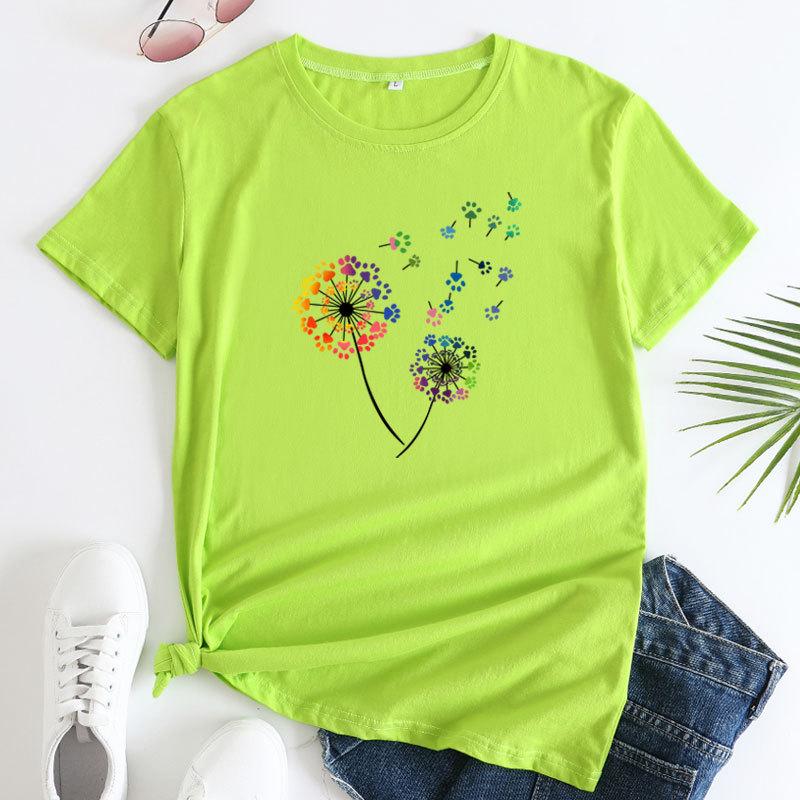 Summer Round Neck Colorful Dandelion Pattern Printed Top Fashionable Casual Short Sleeved Women's Pure Cotton T-shirts
