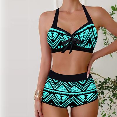 Damen Bademode Tankini 2-teiliger Badeanzug Gear Block Urlaubsbadeanzüge Badeanzug mit hängendem Hals