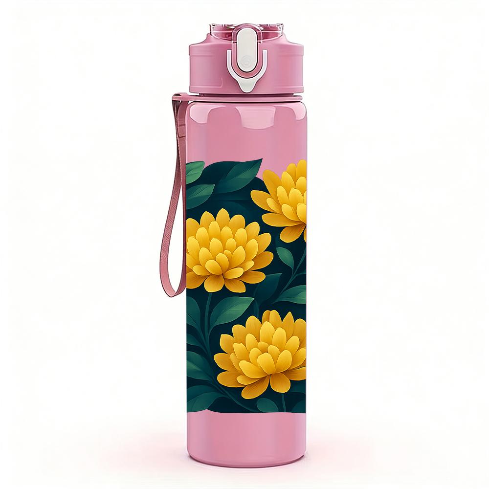 1PC Yellow Chrysanthemum Dark Leaf 750ml Color Plastic Sports Water Bottle Leakproof Flip Straw Lid Suitable for Sports Office Home Use
