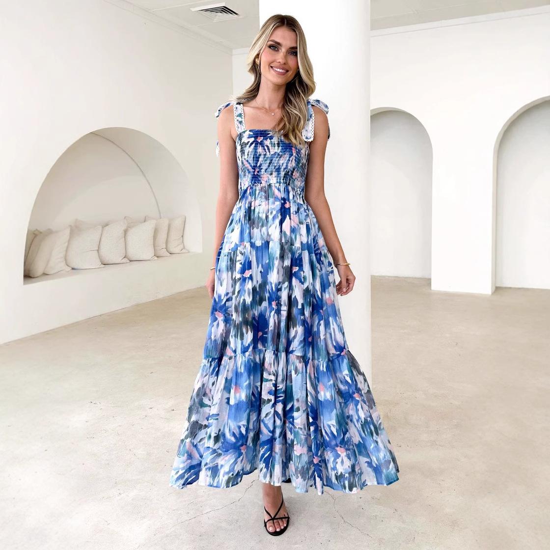 Spring and summer women s clothing suspender, elastic waist, shoulder strap, big pendulum, long printed dress, skirt women S