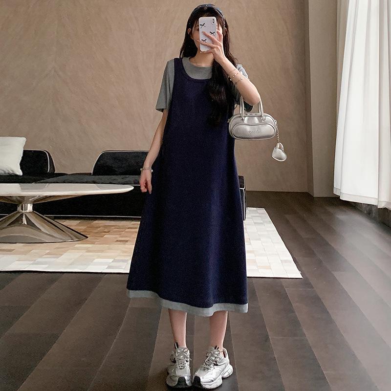 2026 Summer New Korean Style Faux Two-Piece Maternity Dress M