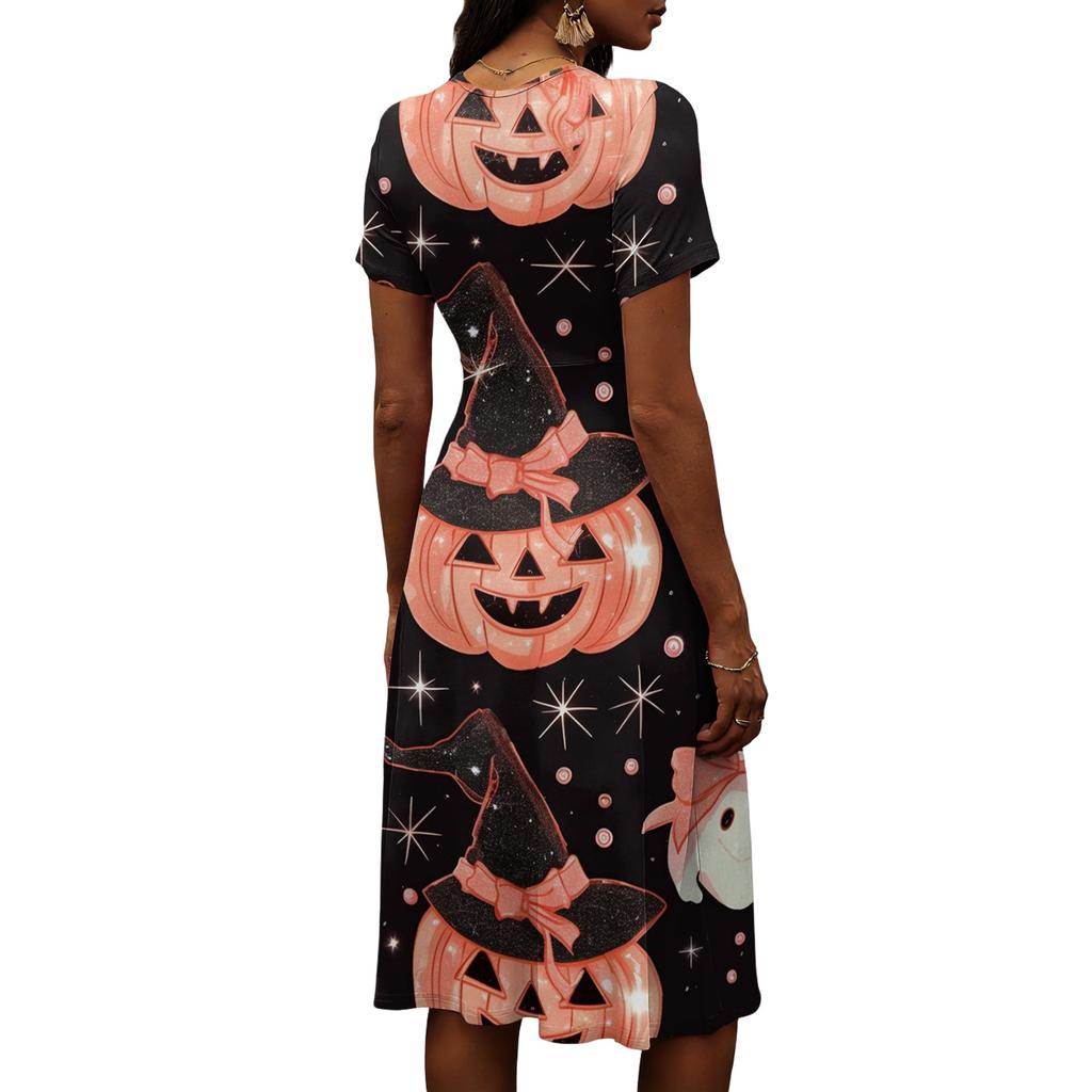 Women's Casual Short Sleeve V-Neck Dress with Halloween Print for Everyday Wear