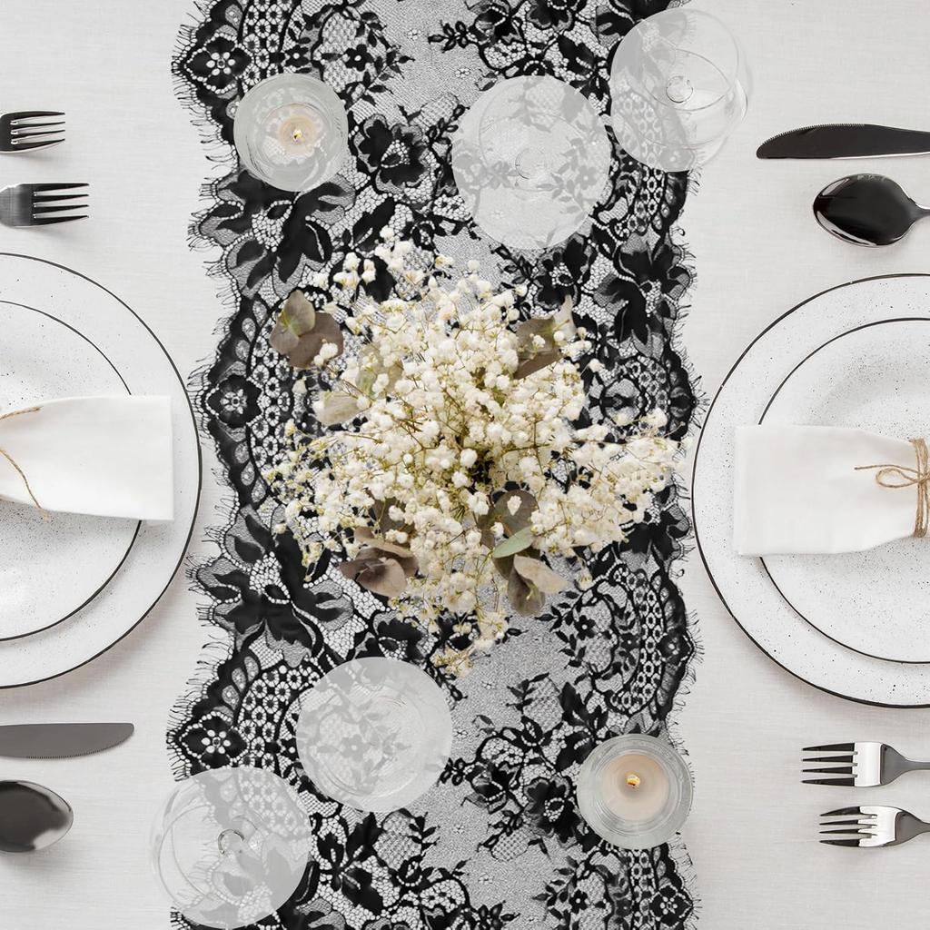 Black Lace Table Runner - 14x118 Inch Black Lace Tablecloth Elegant Vintage Table Runner for Gothic Boho Wedding Decor, Romantic Party Anniversary
