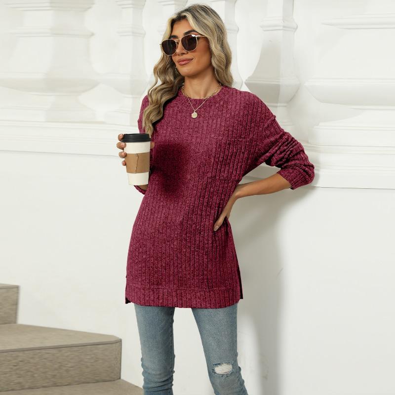Autumn Winter Round Neck Pocket Hem Slit Loose T-shirt Solid Color Knitwear Pullover Top for Women