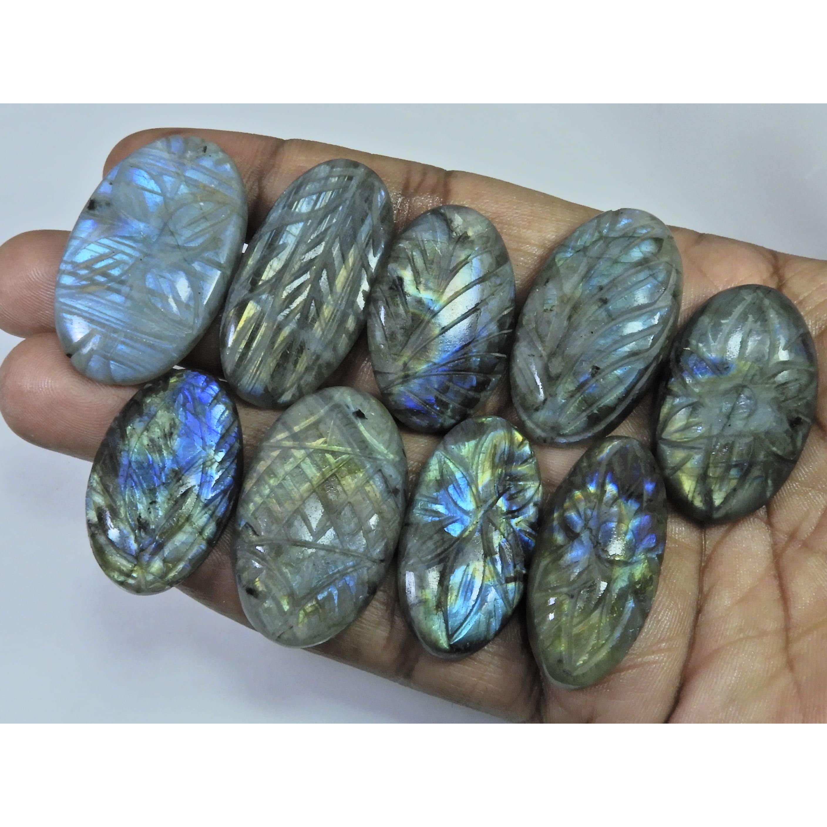 384Cts. Natural Labradorite Carving Oval Cabochon Loose Gemstone 09Pcs Lot LL-1144