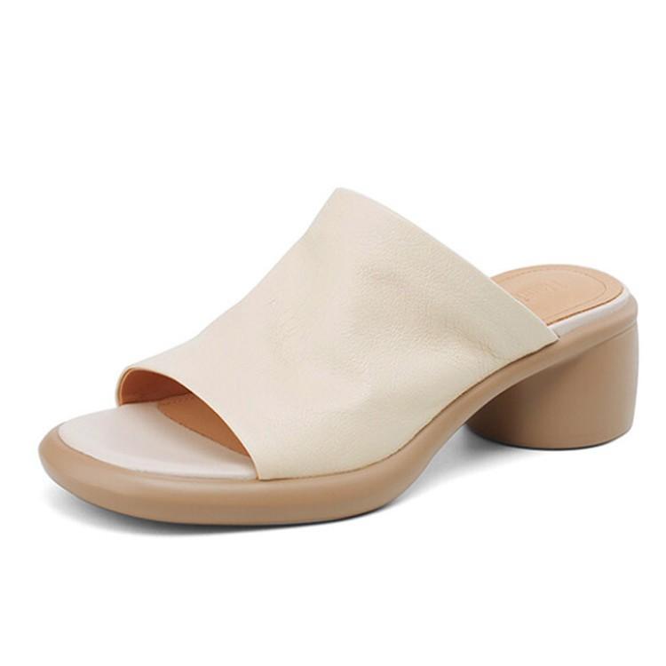 ins is huge soft! Soft leather version~ Lazy one-word slippers for stepping on shit, women wear high-heeled thick-soled cool slippers in summer