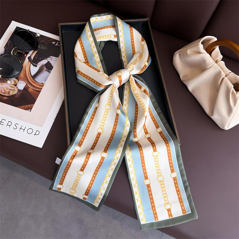 Spring and Summer Flower Double-layer Scarf, Streamer Strap, Bag Decoration, Suit Scarf, Small Long Headband, Silk Scarf, Women's Printing Is Narrow a