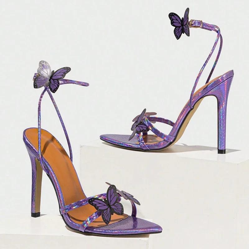 

Fashion Fashion Butterfly Embellished High Heel Sandals Women Sexy Open Toe Ankle Buckle Brand Designer Shoes Luxury Banquet Dress Shoes 43 фиолетовый