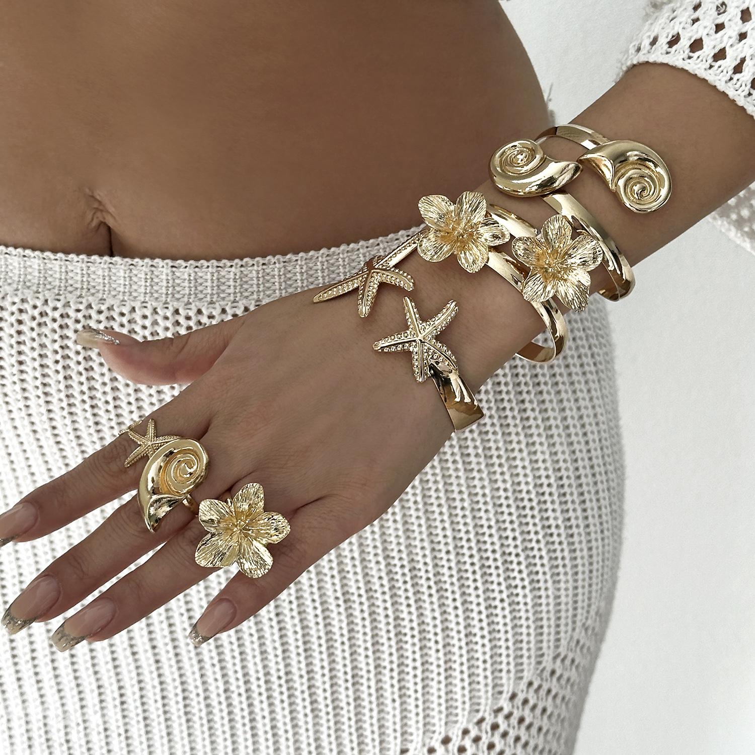

6PCS/Set Exaggerated Metal Starfish Conch Cuff Bangles Rings for Women Exquisite Flower Bracelets Summer Beach Jewelry Gifts