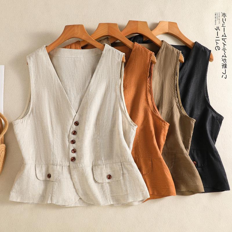 Women's Summer Simple V-neck Cotton Linen Vest Outerwear