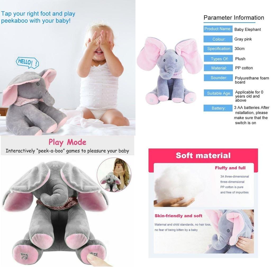 Adorable Peek-a-boo Elephant Singing Baby Plush Toy For Kids In Pink And Gray