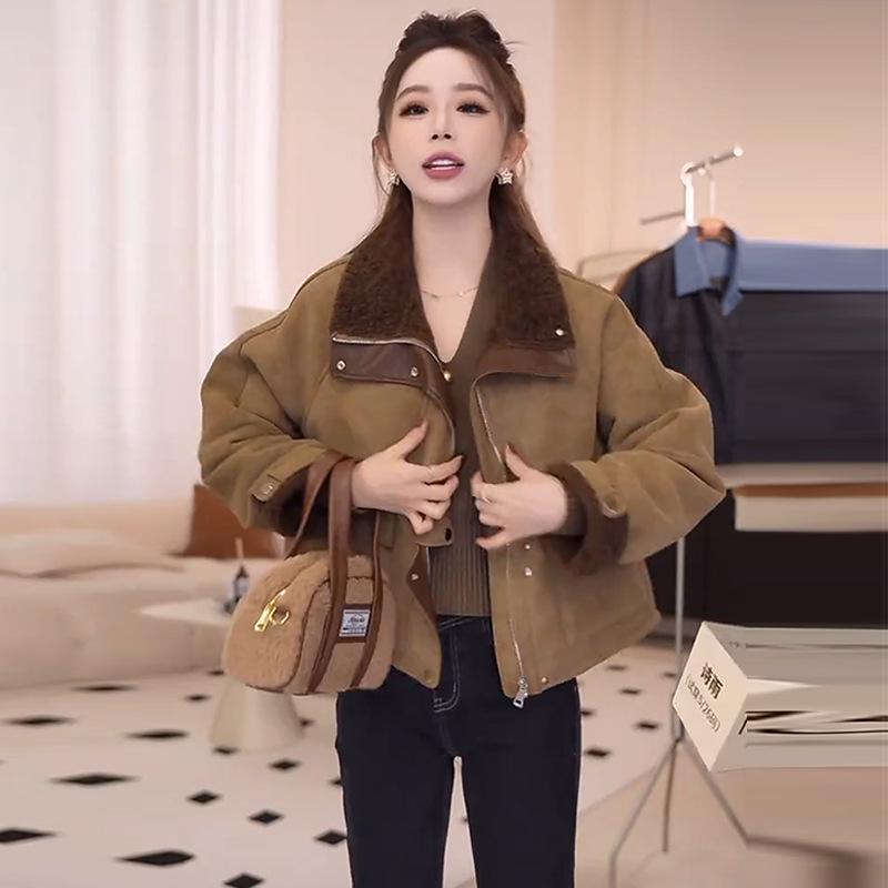 

Женское короткое пальто из искусственного меха на флисовой подкладке 2024: Зимнее пальто из тонкой ягнячьей шерсти M хаки