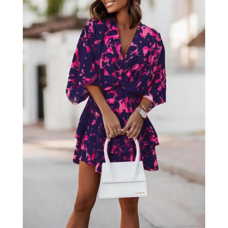 2025 Autumn V-Neck Loose Batwing Sleeve Printed Dress for Women