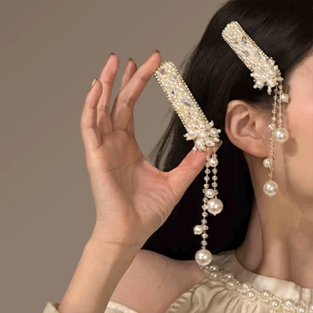 Exquisite Pearl Tassel Hair Clip Crystal Chinese Style Side Bangs Clip Women's Headdress for Special Occasions
